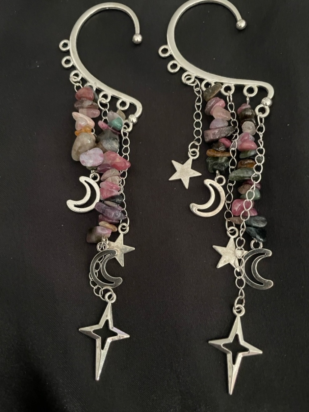 Multicolor Tourmaline Chip Crescent & Star Dangle Earrings